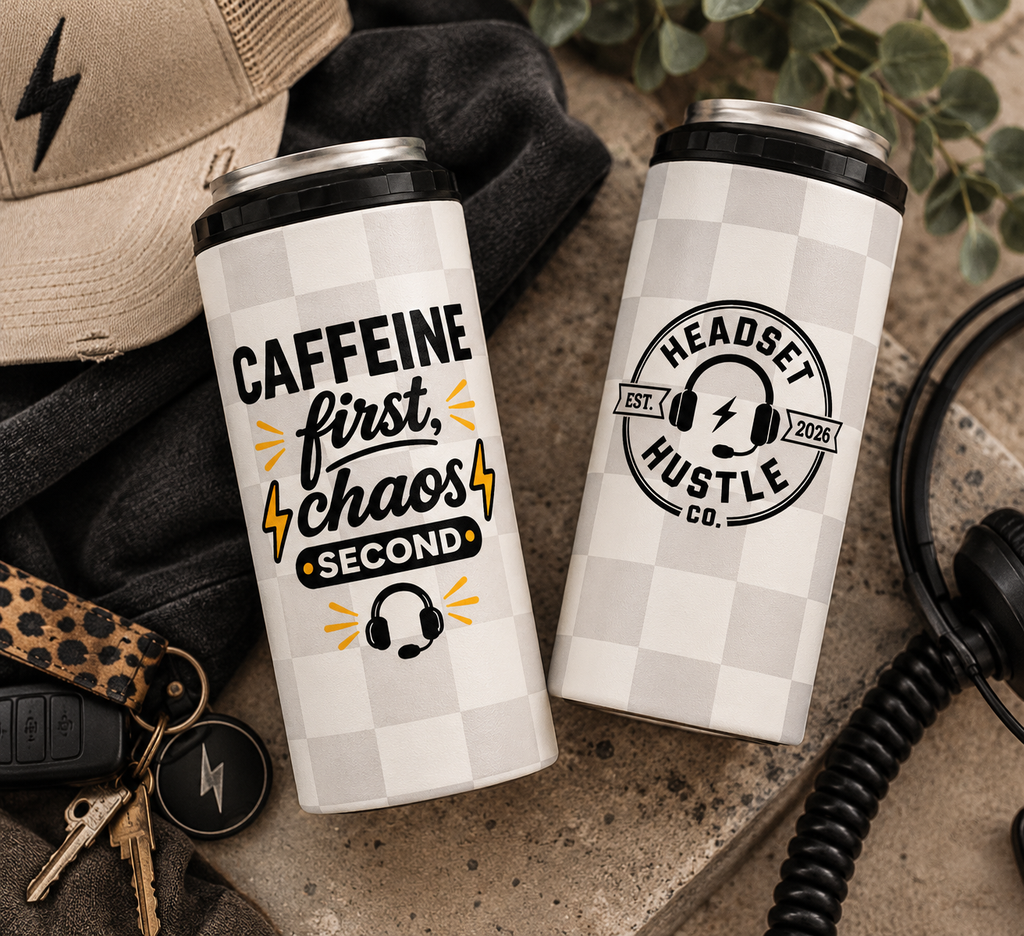 Caffeine First Chaos Second 5-in-1 tumbler earthy flat lay front and back