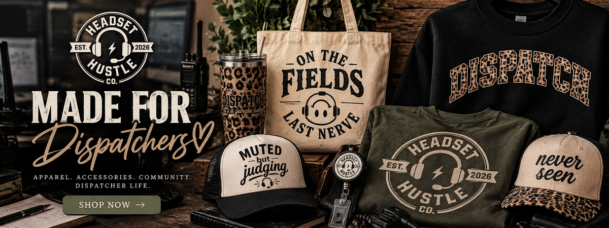 Headset Hustle dispatcher apparel and accessories in earthy vintage lifestyle banner