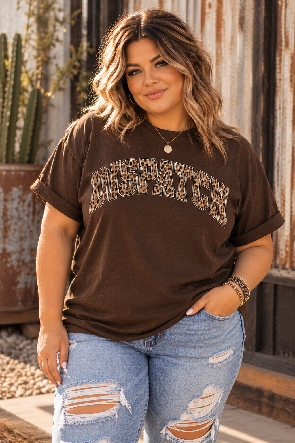 Standing model wearing Leopard Dispatch shirt and looking at camera