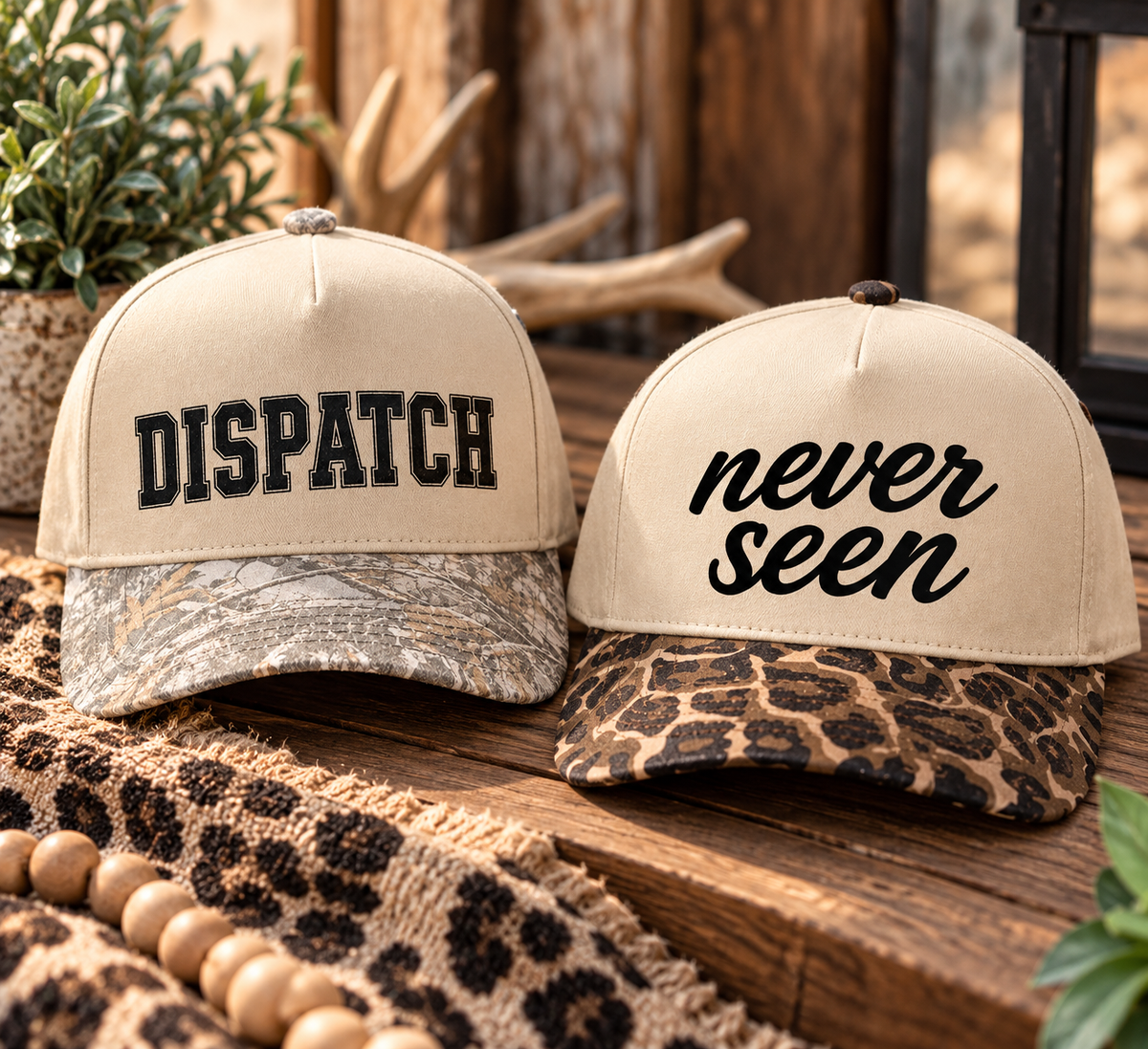 Never Seen hats: camo Dispatch and leopard Never Seen in rustic lifestyle scene