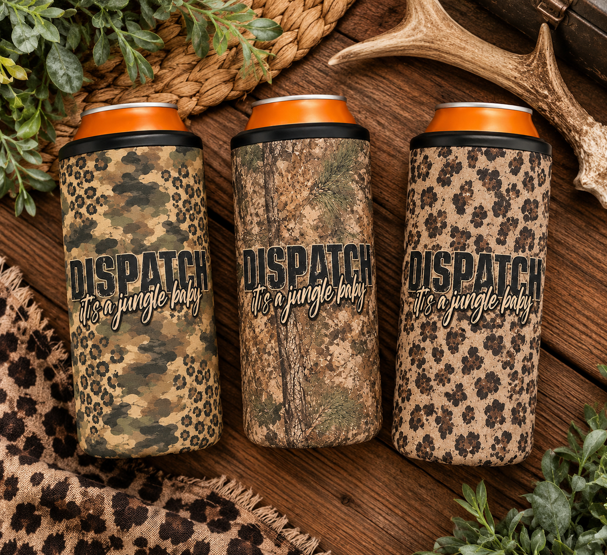 Three Never Seen koozie patterns in styled flat lay