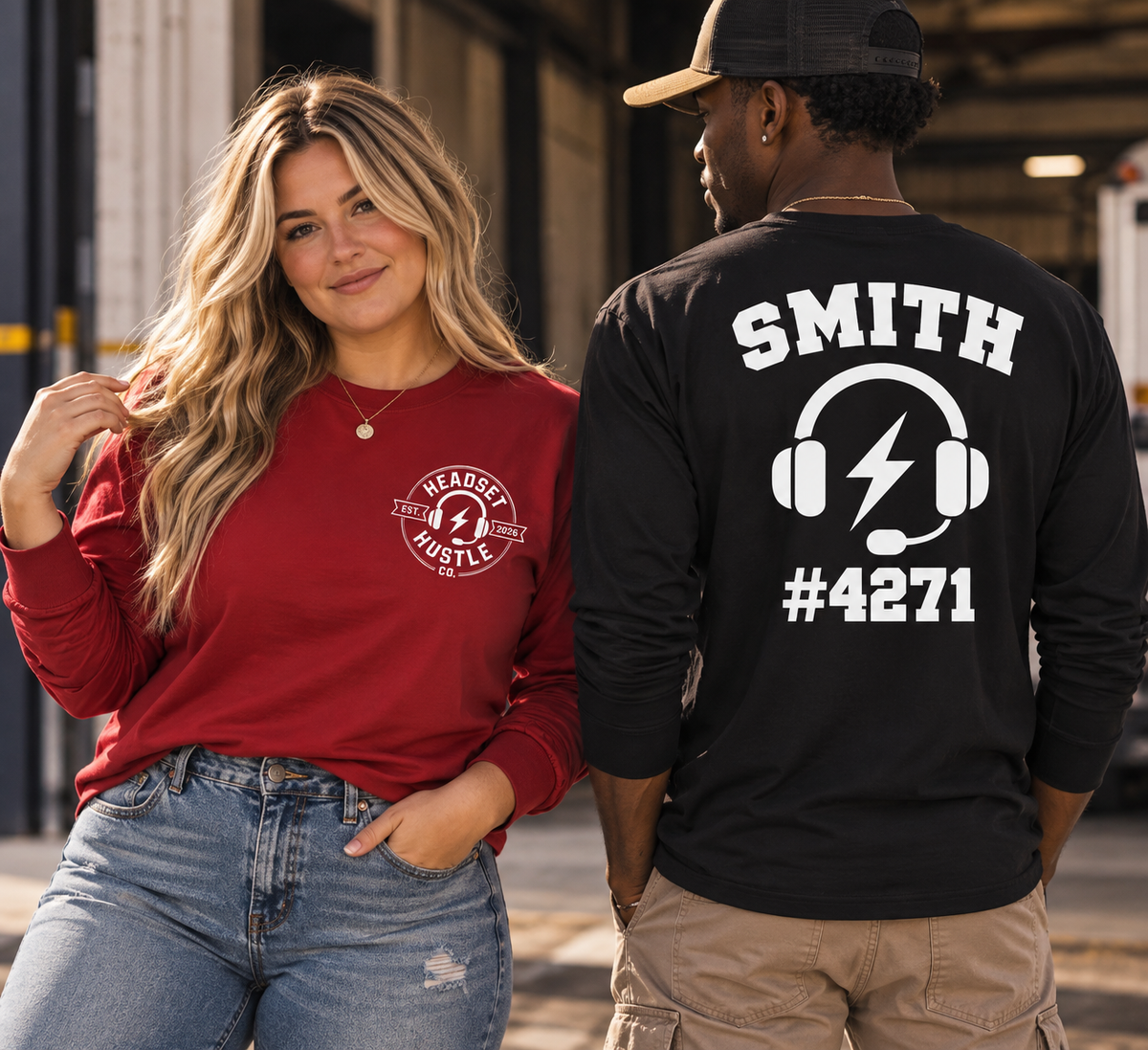 Personalized long sleeve apparel lifestyle photo showing white Headset Hustle logo front and custom Smith 4271 back